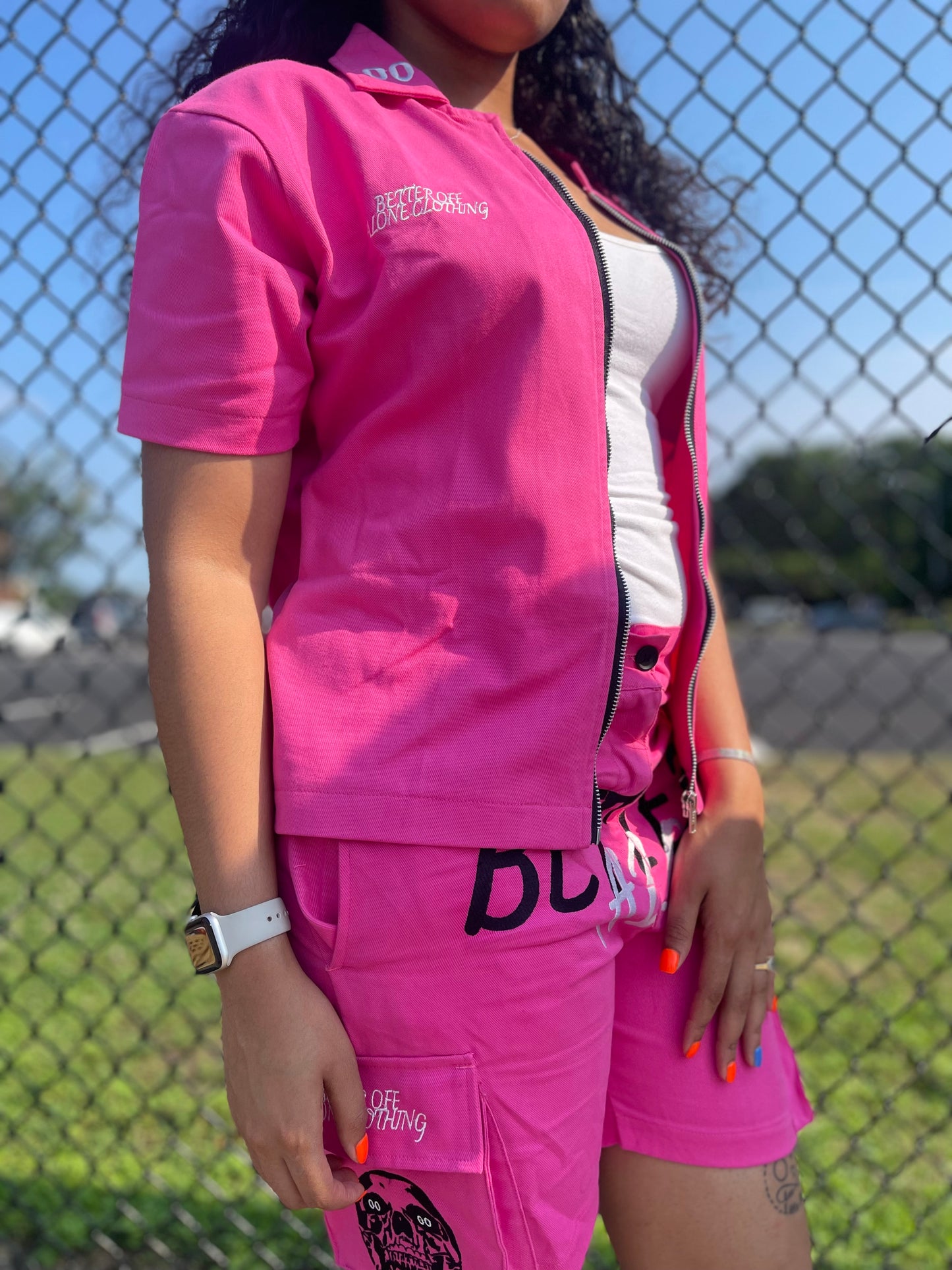 “BETTER ALONE” WOMEN’S DICKIES ZIP UP (PINK/BLACK)