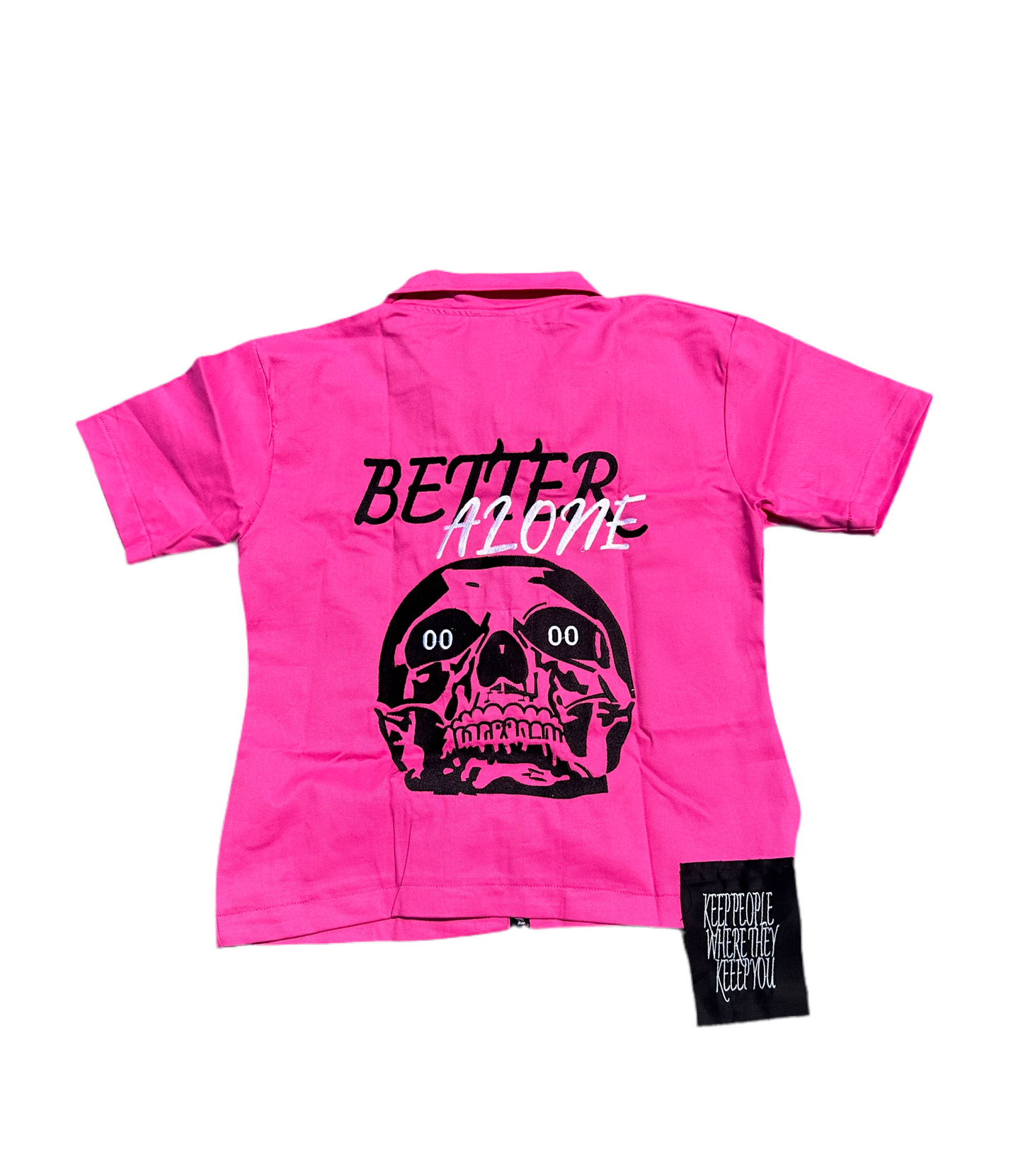 “BETTER ALONE” WOMEN’S DICKIES ZIP UP (PINK/BLACK)