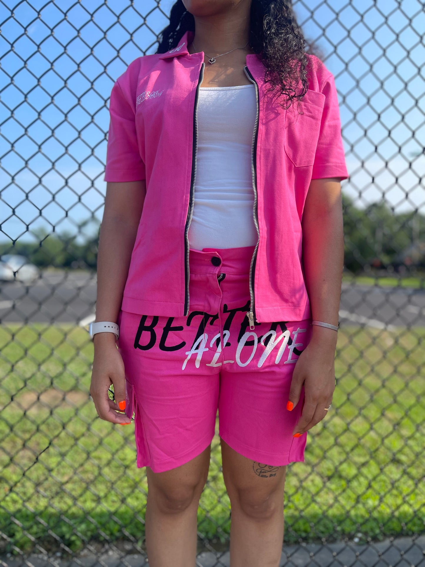 “BETTER ALONE” WOMEN’S DICKIES ZIP UP (PINK/BLACK)